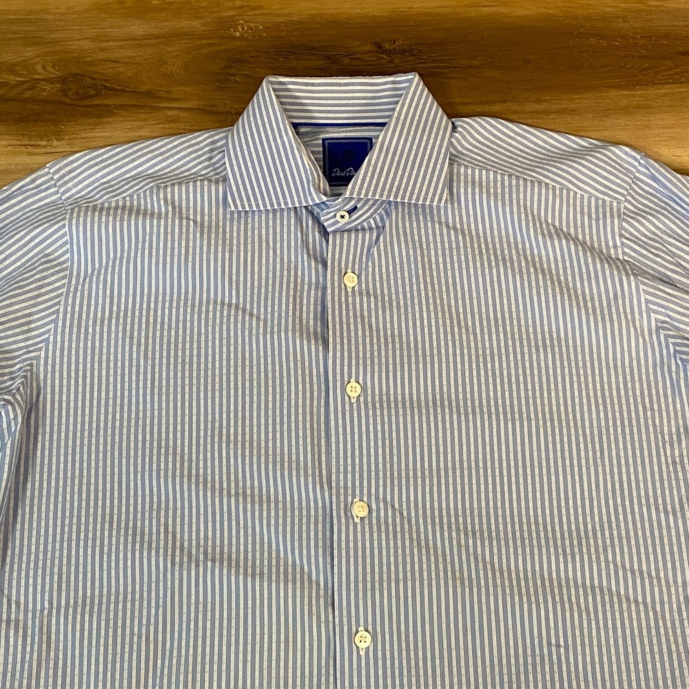 David Donahue Shirt Mens 17 34/35 Cotton Blend Trim Fit Striped Dress